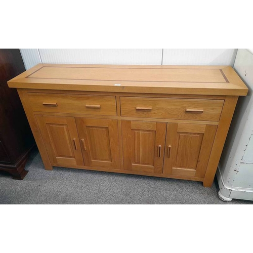 90 - 21ST CENTURY OAK SIDEBOARD WITH WALNUT INLAY TOP, 2 DRAWERS & 4 PANEL DOORS LABELLED ECLIPSE TO INTE... 