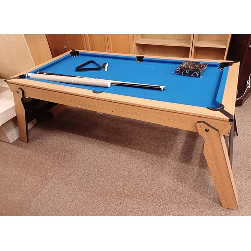 91 - OAK FRAMED FOLDING POOL TABLE WITH ACCESSORIES.  184 CM LONG X 95 CM WIDE