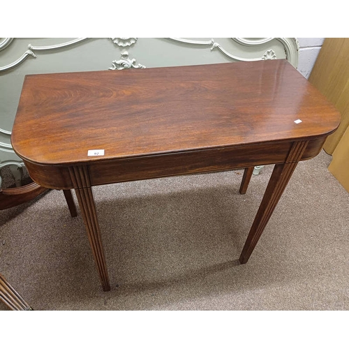 92 - 19TH CENTURY MAHOGANY TABLE WITH SQUARE REEDED SUPPORTS. 73CM TALL X 91CM LONG