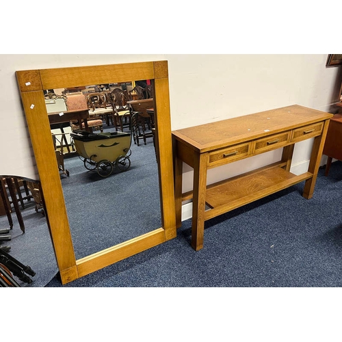 95 - OAK & WALNUT HALL TABLE WITH 3 DRAWERS & UNDERSHELF & MATCHING MIRROR. TABLE DIMENSIONS  78 CM TALL ... 