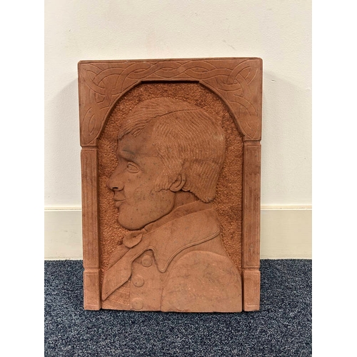 1000 - BRIAN WYLLIE,   ROBERT BURNS IN PROFILE,  CARVED RED SANDSTONE PANEL,   46 X 34 CM  Proceeds of The ... 