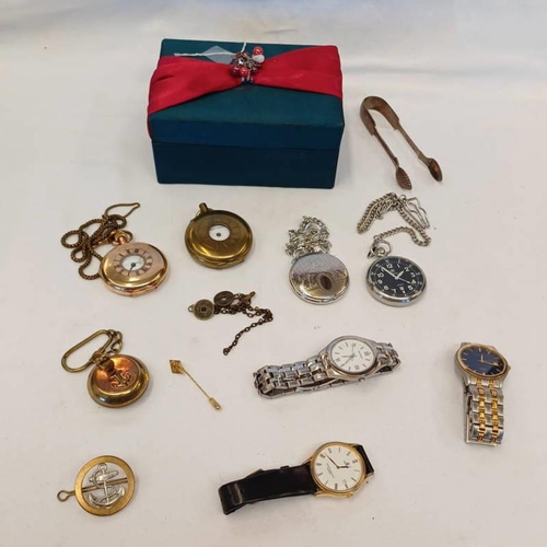 106 - JEWELLERY BOX & CONTENTS TO INCLUDE HALF HUNTER POCKETWATCH, VARIOUS WRISTWATCHES, OTHER POCKETWATCH... 