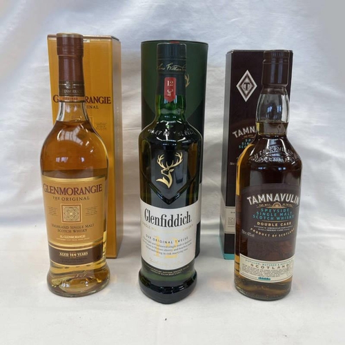 2017 - 3 BOTTLES SINGLE MALT WHISKY : GLENMORANGIE 10 - 70CL, 40%  VOL BOXED, GLENFIDDICH 12 - 70CL, 40% VO... 