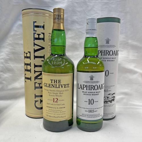 2027 - 2 BOTTLES SINGLE MALT WHISKY : GLENLIVET 12 YEAR OLD - 1 LITRE,  40% VOL IN TUBE & LAPHROAIG 10 YEAR... 