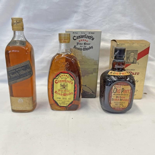 2051 - 3 BOTTLES BLENDED WHISKY : CRAWFORDS FIVE STAR - 26 2/3 FL OZS 70 PROOF, GRAND OLD PAR & JOHNNIE WAL... 