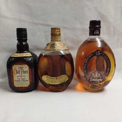 2060 - 3 BOTTLES : DIMPLE 15 YEAR OLD - 1 LITRE, 43% VOL, GRAND OLD PAR 12 YEAR OLD DE LUXE WHISKY & ONE OT... 