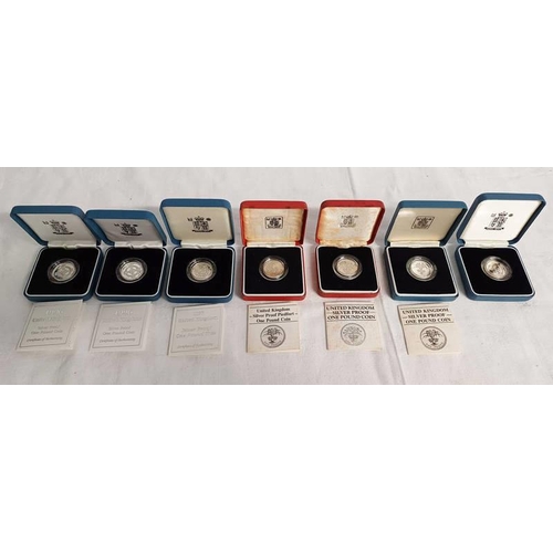 4033 - SELECTION OF 7 UK SILVER PROOF £1 COINS TO INCLUDE 1984 & 1985 PIEDFORT, 1985, 2 X 1996, 1997 & 1999... 