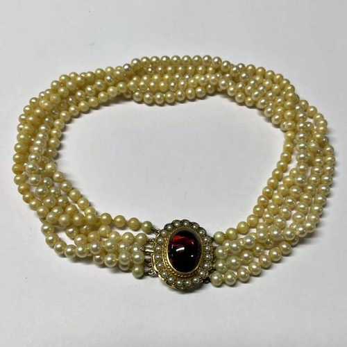 5 - PASTE PEARL 5-STRAND CHOKER NECKLACE WITH A GOLD PEARL & GARNET CABOCHON SET CLASP