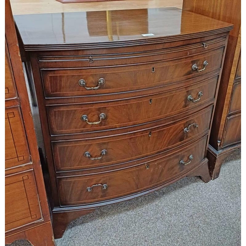 5006 - LATE 19TH CENTURY MAHOGANY BOW FRONT CHEST OF 4 DRAWERS WITH BRUSHING SLIDE ON BRACKET SUPPORTS.  LE... 