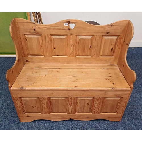 5023 - PINE BENCH WITH TALL BACK & LIFT LID SEAT.  91 CM TALL X 101 CM WIDE