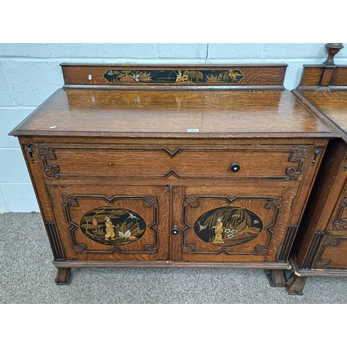 5031 - EARLY 20TH CENTURY OAK CHINOISERIE SIDE CABINET WITH SINGLE DRAWER OVER 2 PANEL DOORS WITH BLACK & G... 