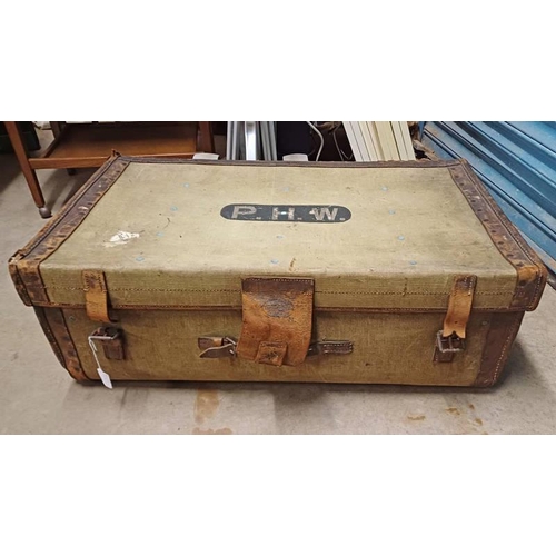 5046 - LEATHER & CANVAS TRUNK WITH FITTED INTERIOR .  92 CM LONG