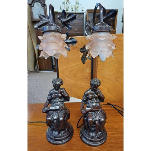 5056 - PAIR OF DECORATIVE METAL TABLE LAMPS MODELLED AFTER LADY WITH PINK GLASS SHADES