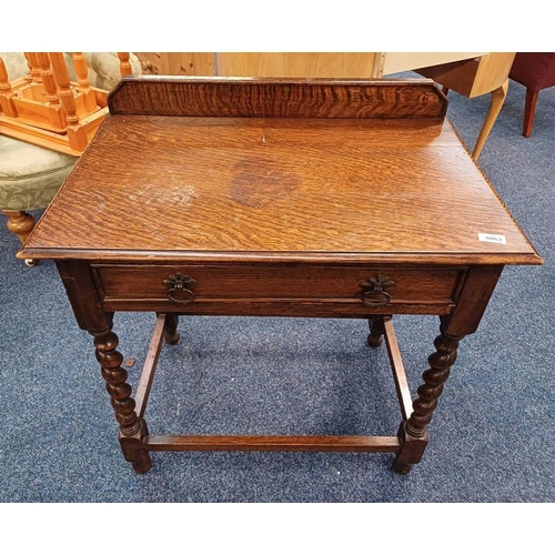 5063 - OAK SIDE TABLE WITH RAIL BACK OVER SINGLE DRAWER ON BARLEY TWIST SUPPORTS, LENGTH 76CM