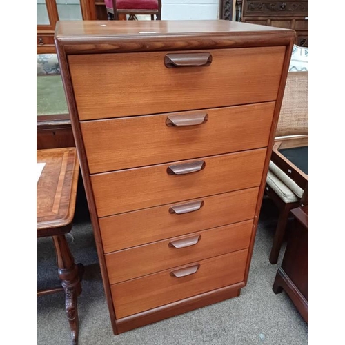 5305 - TEAK CHEST OF 6 DRAWERSON PLINTH BASE.  115 CM TALL  X 61 CM WIDE