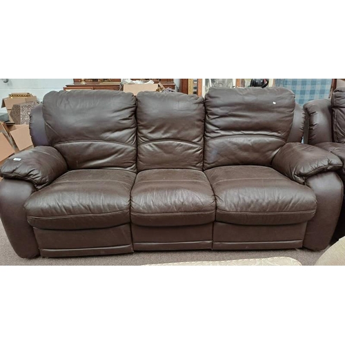 5308 - BROWN LEATHER RECLINING 3 SEATER SETTEE