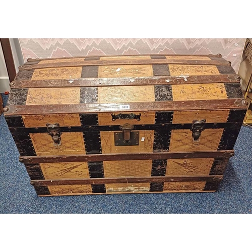 5310 - OAK REINFORCED DOME TOP TRUNK WITH METAL FIXTURES INITIATED M.M TO SIDE, 60CM TALL X 92CM WIDE