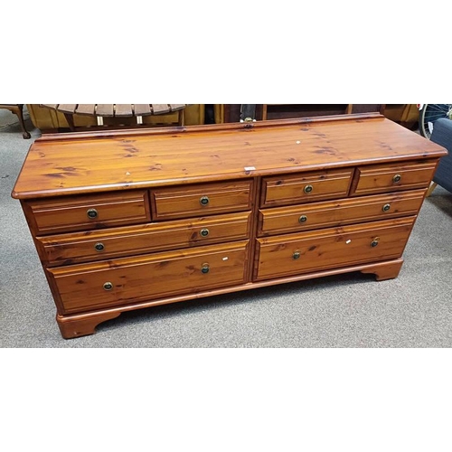 5431 - PINE CHEST OF 4 SHORT OVER 4 LONG GRADUATED DRAWERS, 73CM TALL X 170CM LONG