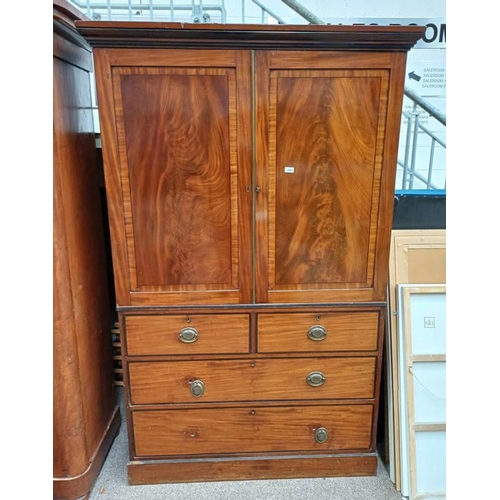 5480 - 19TH CENTURY INLAID MAHOGANY LINEN PRESS WITH 2 PANEL DOORS OVER BASE WITH 2 SHORT OVER 2 LONG DRAWE... 