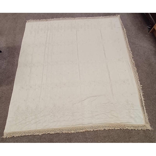 618 - CREAM SEWNWORK SHAWL WITH FLORAL PATTERN THROUGHOUT AND FRINGED EDGES, 250 CM  225 CM