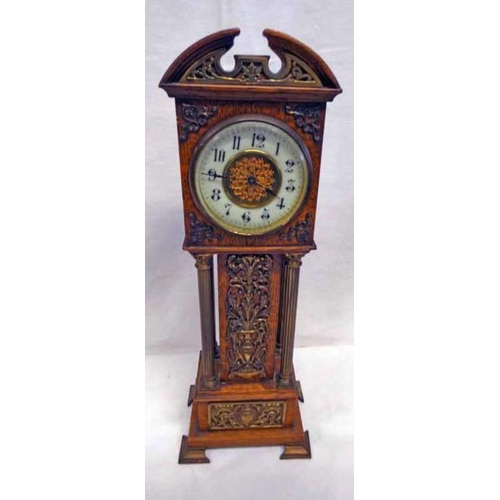 97 - 19TH CENTURY BRASS MOUNTED OAK APPRENTICE PIECE LONG CASE CLOCK WITH BRASS CORINTHIAN COLUMNS, PIERC... 