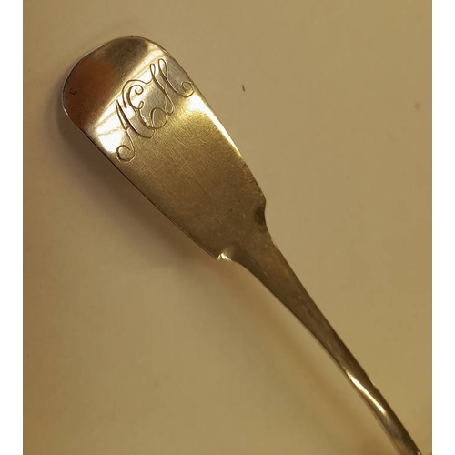 168 - 19TH CENTURY SCOTTISH PROVINCIAL SILVER FIDDLE PATTERN TODDY LADLE, POSSIBLY BANFF OR ABERDEEN