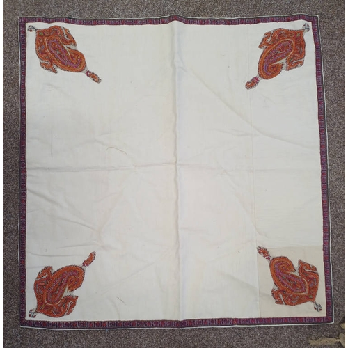 610 - 4 SEWNWORK AND PRINTED SHAWLS OF DIFFERENT PATTERNS, LARGEST : 150 CM X 145 CM