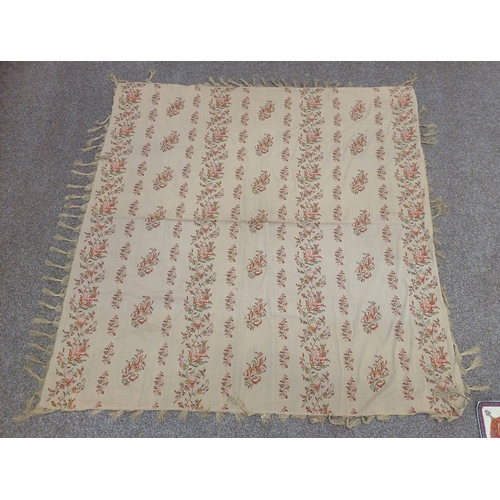 610 - 4 SEWNWORK AND PRINTED SHAWLS OF DIFFERENT PATTERNS, LARGEST : 150 CM X 145 CM