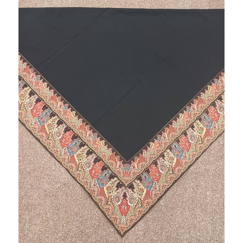 611 - BLACK PAISLEY SHAWL WITH SEWN WORK DECORATION AROUND EDGES, 144 CM X 142 CM