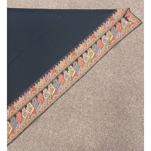 611 - BLACK PAISLEY SHAWL WITH SEWN WORK DECORATION AROUND EDGES, 144 CM X 142 CM