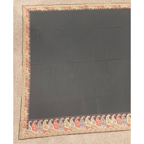 611 - BLACK PAISLEY SHAWL WITH SEWN WORK DECORATION AROUND EDGES, 144 CM X 142 CM