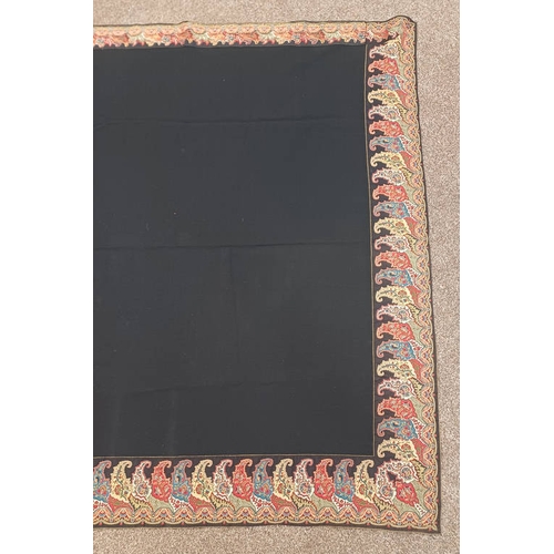 611 - BLACK PAISLEY SHAWL WITH SEWN WORK DECORATION AROUND EDGES, 144 CM X 142 CM