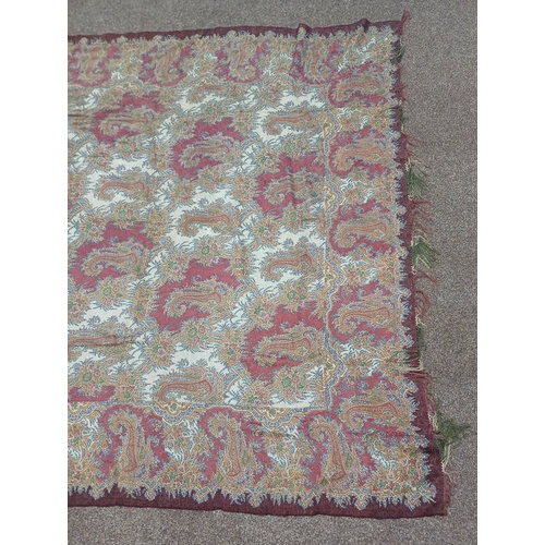 613 - LARGE PAISLEY SHAWL WITH FLORAL SEWNWORK PATTERN THROUGHOUT AND FRINGED EDGES, 330 CM X 165 CM