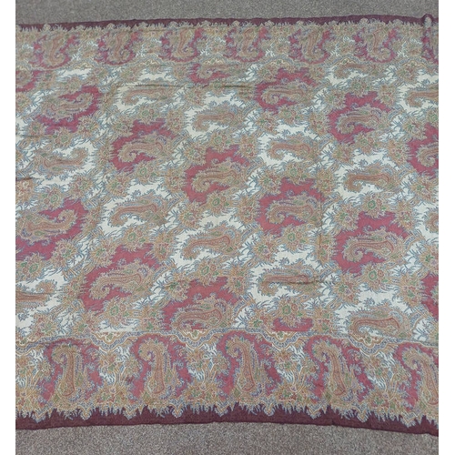 613 - LARGE PAISLEY SHAWL WITH FLORAL SEWNWORK PATTERN THROUGHOUT AND FRINGED EDGES, 330 CM X 165 CM