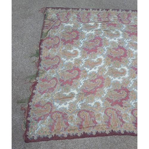 613 - LARGE PAISLEY SHAWL WITH FLORAL SEWNWORK PATTERN THROUGHOUT AND FRINGED EDGES, 330 CM X 165 CM