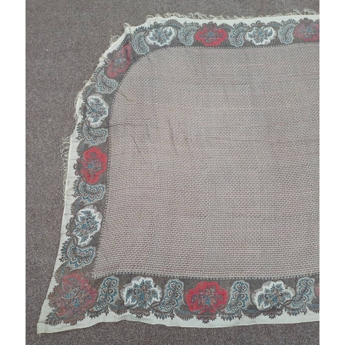 614 - RED AND CREAM SHAWL WITH CHARACTERISTIC ALL OVER DESIGN AND FRINGED EDGES, 321 CM X 158 CM