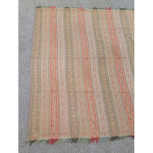 616 - GREEN AND RED PAISLEY SHAWL WITH ALL OVER PATTERN AND FRINGED EDGES,  175 CM X 166 CM