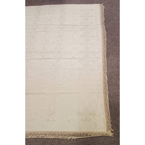 618 - CREAM SEWNWORK SHAWL WITH FLORAL PATTERN THROUGHOUT AND FRINGED EDGES, 250 CM  225 CM