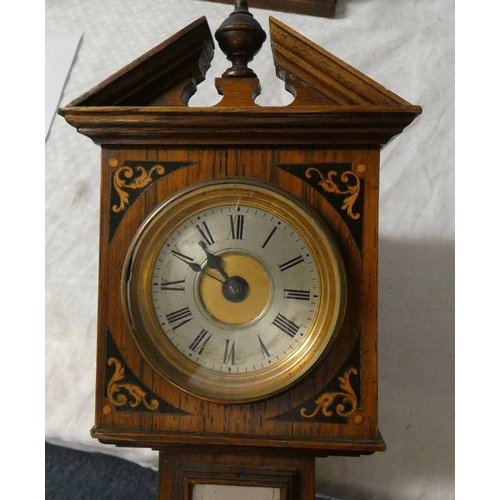 91 - 19TH CENTURY INLAID ROSEWOOD APPRENTICE PIECE LONG CASE CLOCK, THE SILVERED DIAL CLOCK WITH THERMOME... 