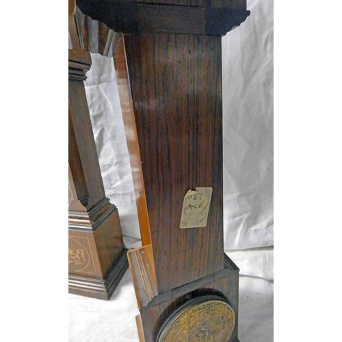 91 - 19TH CENTURY INLAID ROSEWOOD APPRENTICE PIECE LONG CASE CLOCK, THE SILVERED DIAL CLOCK WITH THERMOME... 