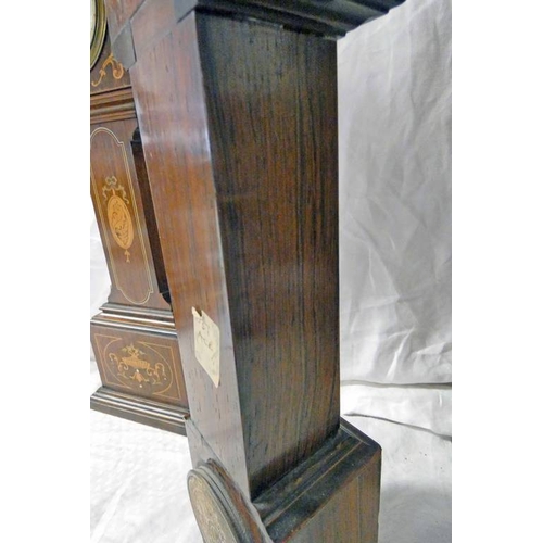 91 - 19TH CENTURY INLAID ROSEWOOD APPRENTICE PIECE LONG CASE CLOCK, THE SILVERED DIAL CLOCK WITH THERMOME... 