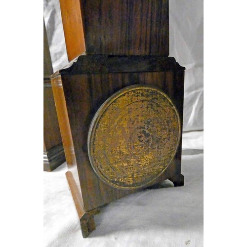 91 - 19TH CENTURY INLAID ROSEWOOD APPRENTICE PIECE LONG CASE CLOCK, THE SILVERED DIAL CLOCK WITH THERMOME... 