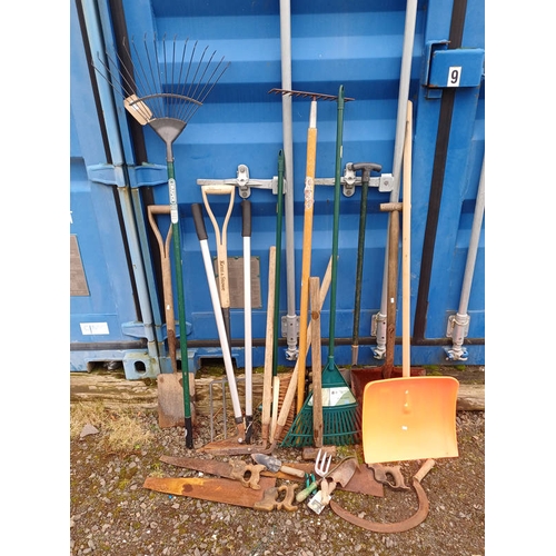 6015 - GOOD SELECTION OF GARDEN & HAND TOOLS TO INCLUDE RAKES, SHOVELS, SAWS, HATCHETS, ETC