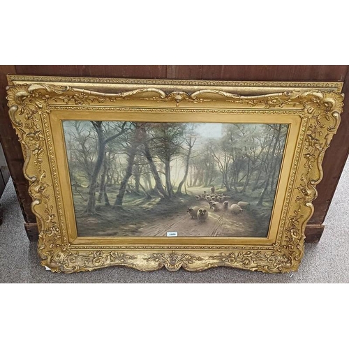 1009 - GILT FRAMED COLOURED PRINT OF SHEEP IN A WOODLAND SCENE AFTER JOSEPH FARQUARSON, 46 X 70 CM