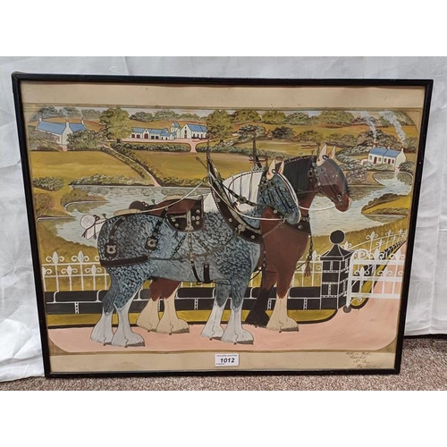 1012 - WILLIAM ROBBIE PAIR OF CLYDESDALES - PETERHEAD SIGNED FRAMED WATERCOLOUR AND PENCIL WITH SILVER FOIL... 