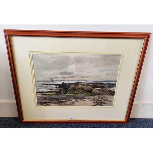 1015 - ALEXANDER BALLINGALL 'FISHING BOATS OFF THE NORTH EAST COAST' SIGNED FRAMED WATERCOLOUR 34CM X 50 CM