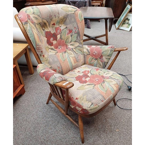 102 - ERCOL ELM SPINDLE BACK ARMCHAIR WITH BUTTONED CUSHIONS