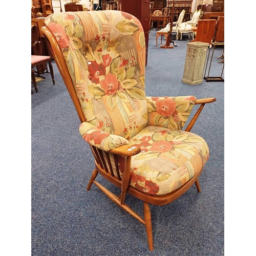 103 - ERCOL ELM SPINDLE BACK ARMCHAIR WITH BUTTONED CUSHIONS