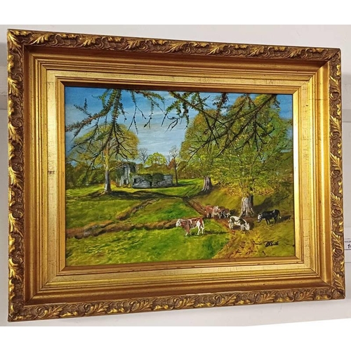 1040 - COLIN SMITH 'GIGHT CASTLE' SIGNED, LABEL TO REVERSE. GILT FRAMED OIL ON BOARD 29.5 CM X 39.5 CM