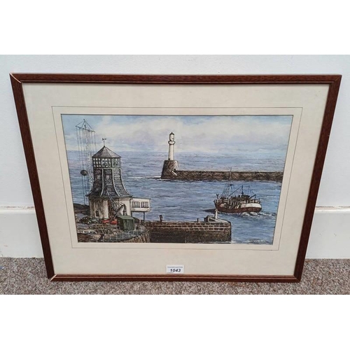 1043 - PATRICIA A MILNE 'ABERDEEN HARBOUR SCENE' SIGNED FRAMED INK AND WATERCOLOUR 27CM X 40 CM